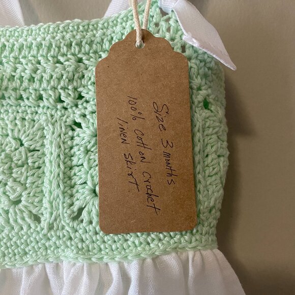 Handmade Baby Size 3 Months Green White Cotton Crochet Linen Bow Dress - Picture 4 of 14